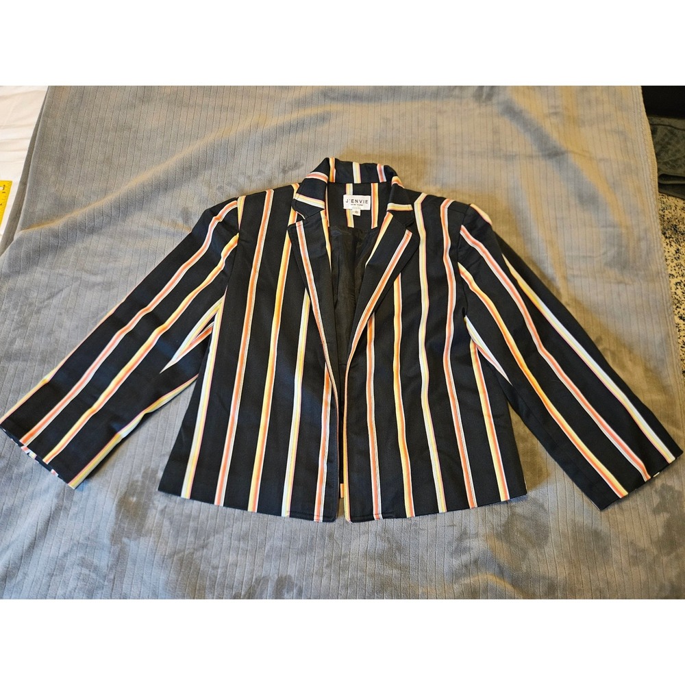 J'Envie New York Womens Striped Blazer Navy Orange Yellow Open Front Jacket 10 - Picture 1 of 10